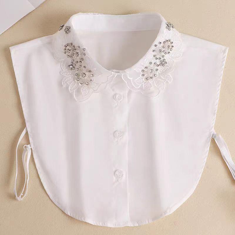 Women's Handmade Beads Floral Shirt Detachable Pointed Neck Fake Collar Neckwear Ties Half Shirt Style Cotton Fake Collar
