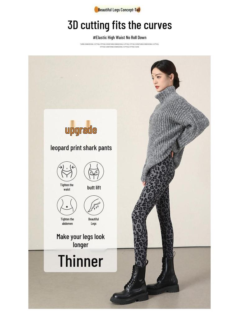 Leggings med hög midja och leopardmönster: Dambyxor för höst/vinter, smalnar av, kontrollerar magen, lyfter rumpan, med plus sammet, för yoga.