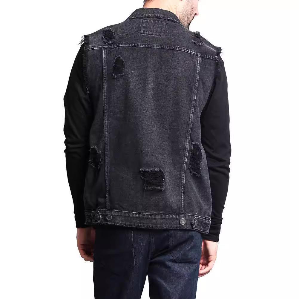 Men's Ripped Denim Vest Youth Single-breasted Sleeveless Jacket