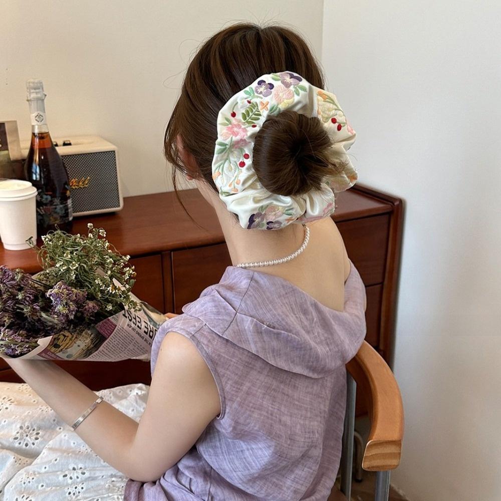 Colorful Embroidery Hair Scrunchies French Style Hair Ropes Elegant Floral Scrunchies  Rubber Bands
