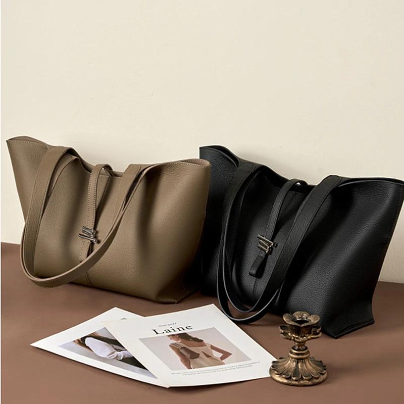 Genuine Leather Large Shoulder Tote Bags For Women  Trend Designer Shopper Commuter A4 Ladies Handbags