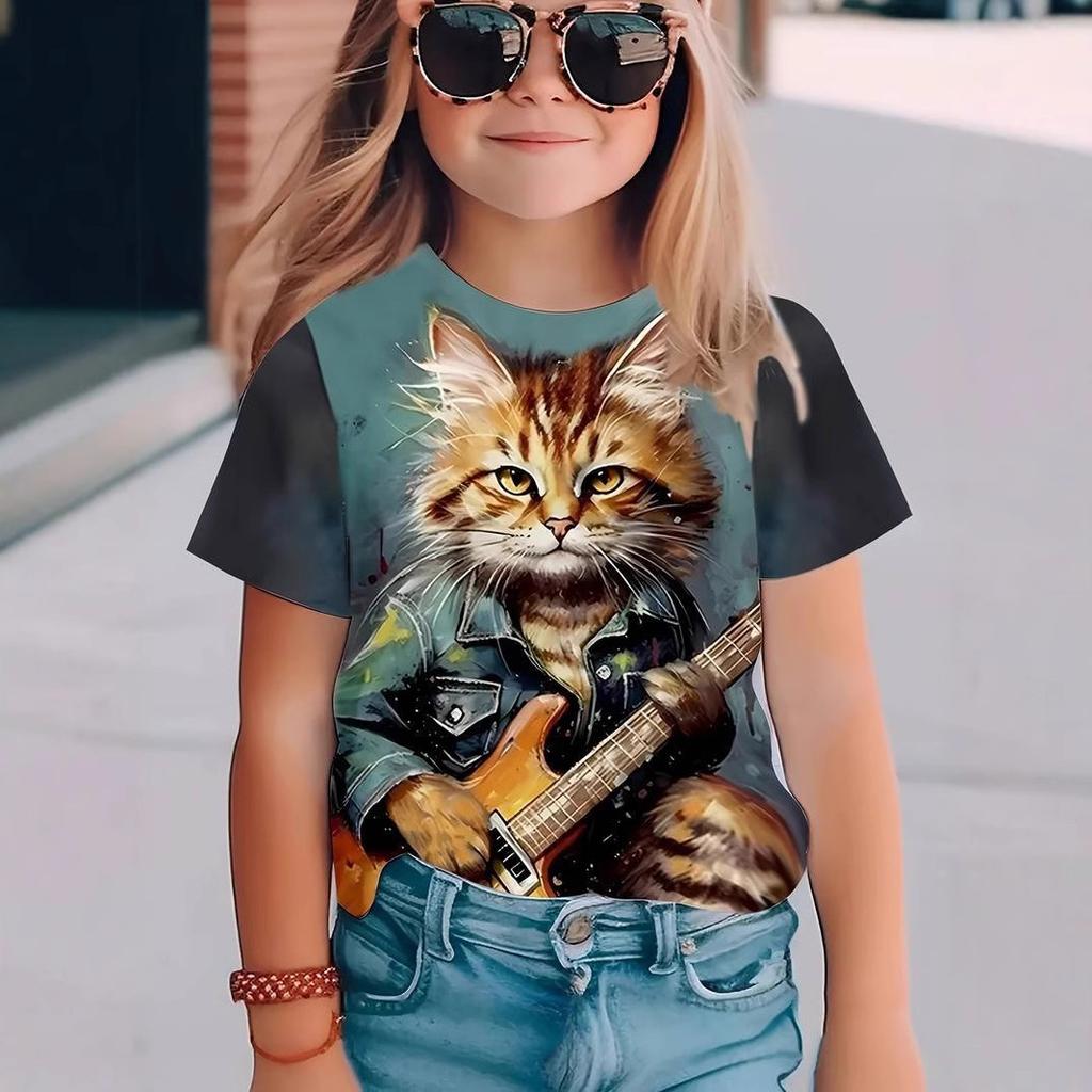 Summer Round Neck 3D Cat Pattern Printed Top Fashionable and Casual Short Sleeved Children's Boy and Girl T-shirts