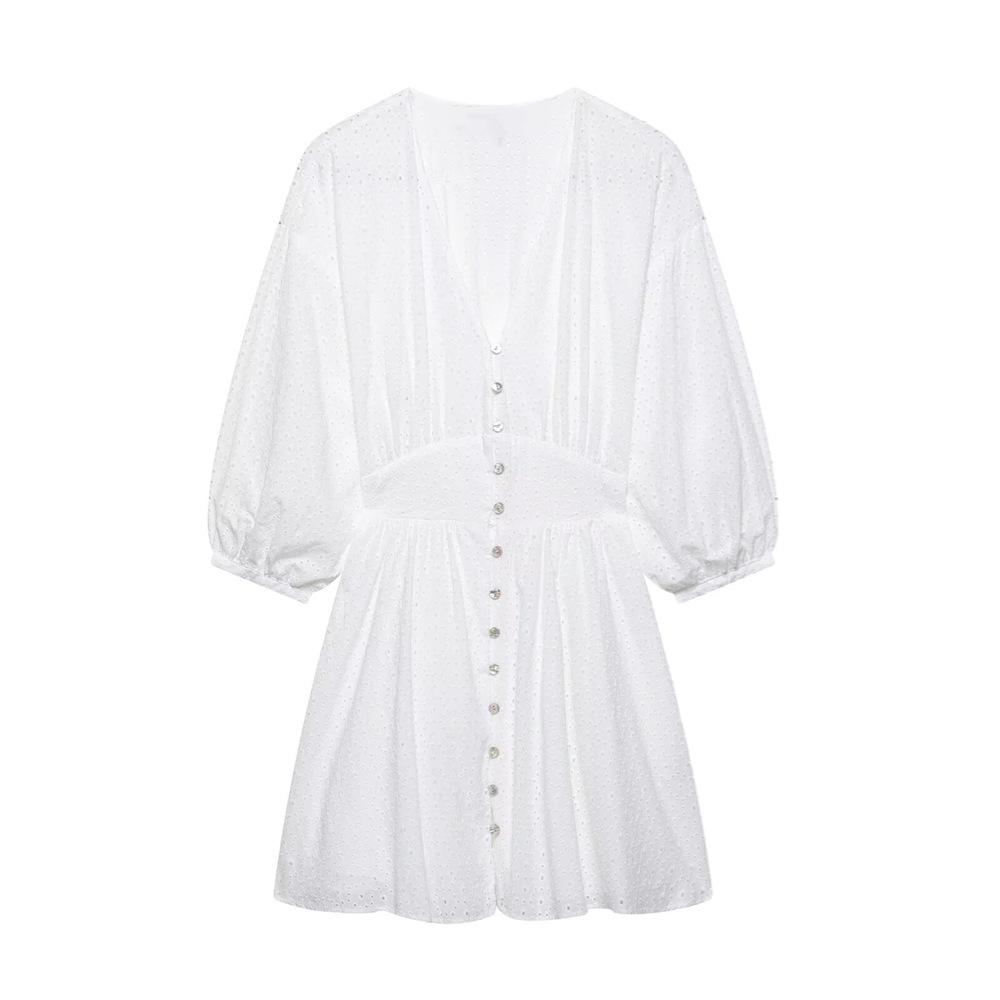 

2025 Spring/Summer Women s Slim-Fit Hollow Embroidery V-Neck Long-Sleeved Dress XS