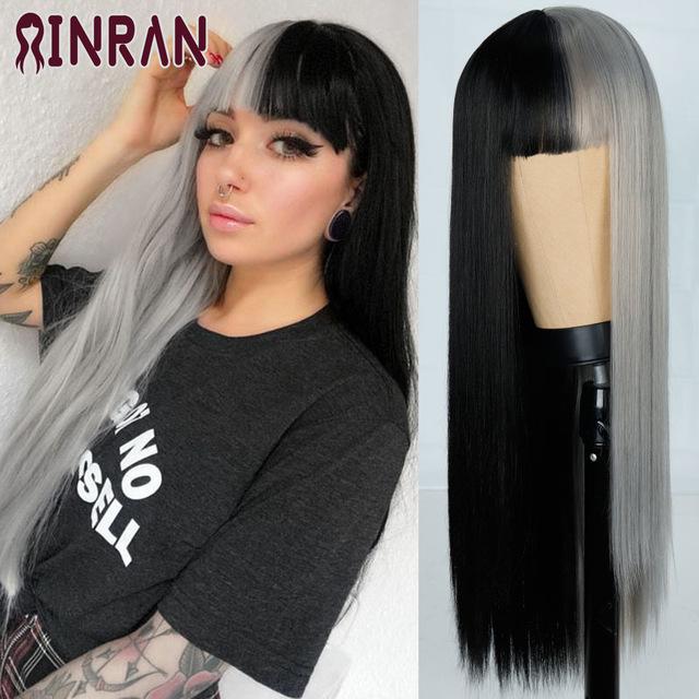 XINRAN Lange gerade weinrote Perücke mit Pony, synthetische Perücken für Frauen, hitzebeständiges Naturhaar für die tägliche Halloween-Cosplay-Party
