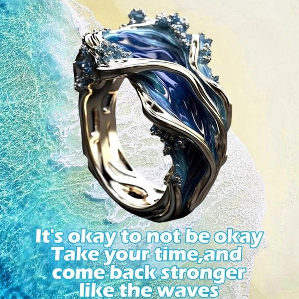 Inspirational Oceans Rings Adjustable Waving Designs in Silver Elegant Gifts for Women Ladies Sturdy Resin Craftsmanship