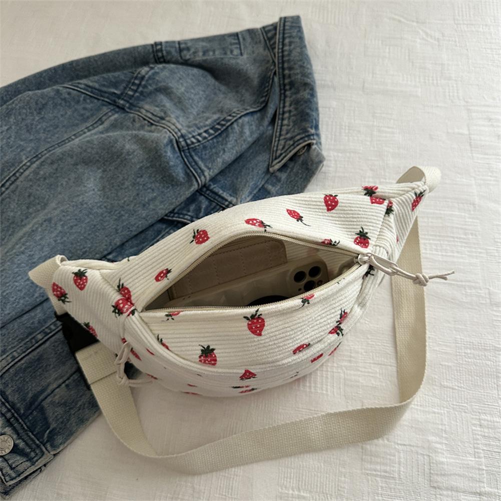 Chest Bag for Women with Strawberry Print Crossbody Bag Corduroy Cute Waist Bag Adjustable Strap Sling Bag for Sports Travel