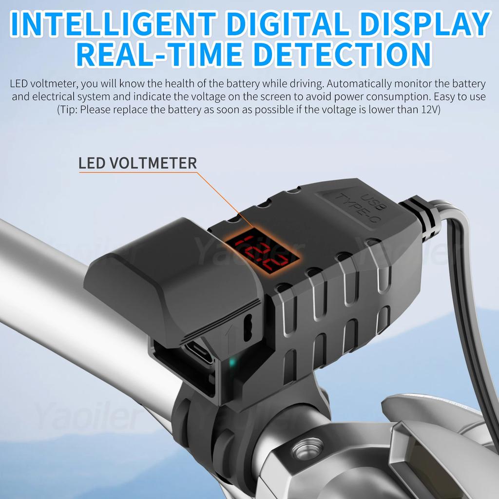 New QC3.0 Motorcycle USB Charger 12V Waterproof PD3.0 Port Socket Handlebar Quick Charger Adapter W/ Voltmeter Moto Accessories