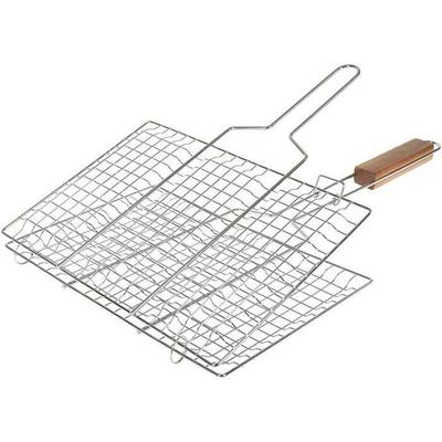 Nerezový čtvercový grilovací rošt s dřevěnou rukojetí Stříbrný 22 x 34 cm GRILOVACÍ ROŠT