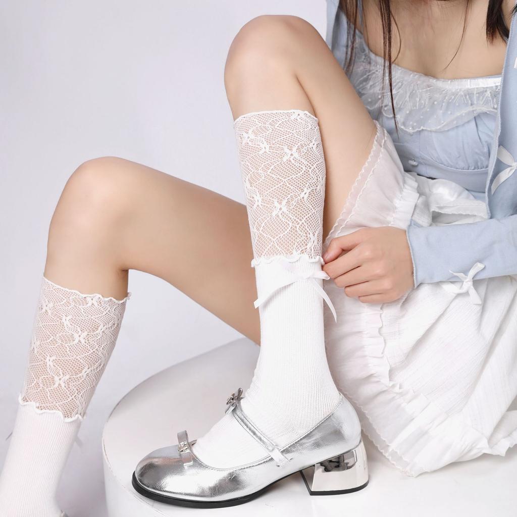 Purely desirable lace socks, ballet-style mid-calf socks with lace stitching jk Bowknot White Socks Lolita