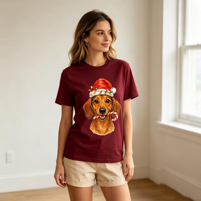 Watercolor Christmas Dachshund Tee Unisex Santa Hat Candy Cane Dog Casual Short Sleeve T Shirt 100Cotton Tee Harajuku Y2k Top
