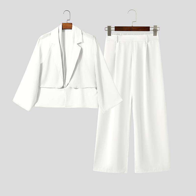 

INCERUN Мужские комплекты Топы с рукавом 3/4 из сетки с прозрачными слоями и длинные брюки Повседневные костюмы L белый