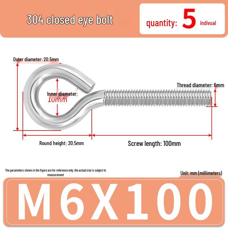 304 Stainless Steel Eyebolt with Ring Hook – Machine Thread Closed Eye Bolt (M4 M5 M6 M8)