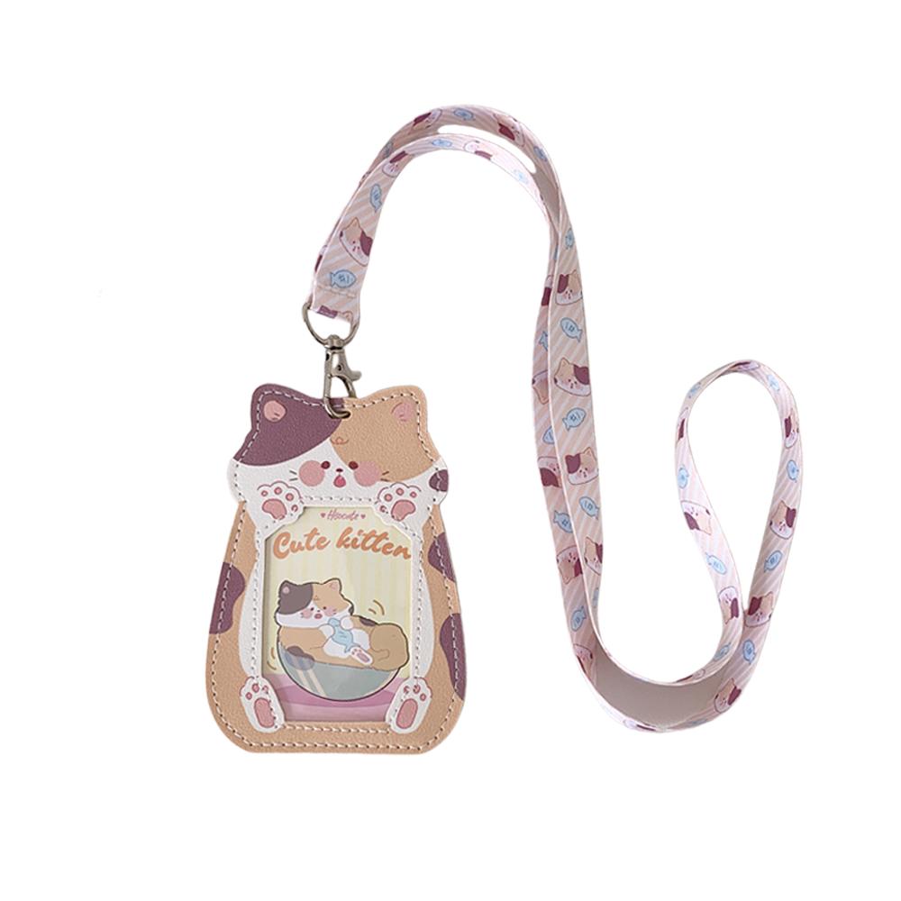 Cartoon Cat Transparent Durable Card Holder with Lanyard for ID, Bus, Meal Cards