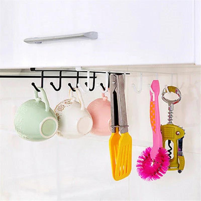 6 Hooks Cup Holder Hang Kitchen Cabinet Under Shelf Storage Rack Organiser Hook Iron Kitchen Storage Rack Bathroom Organizer