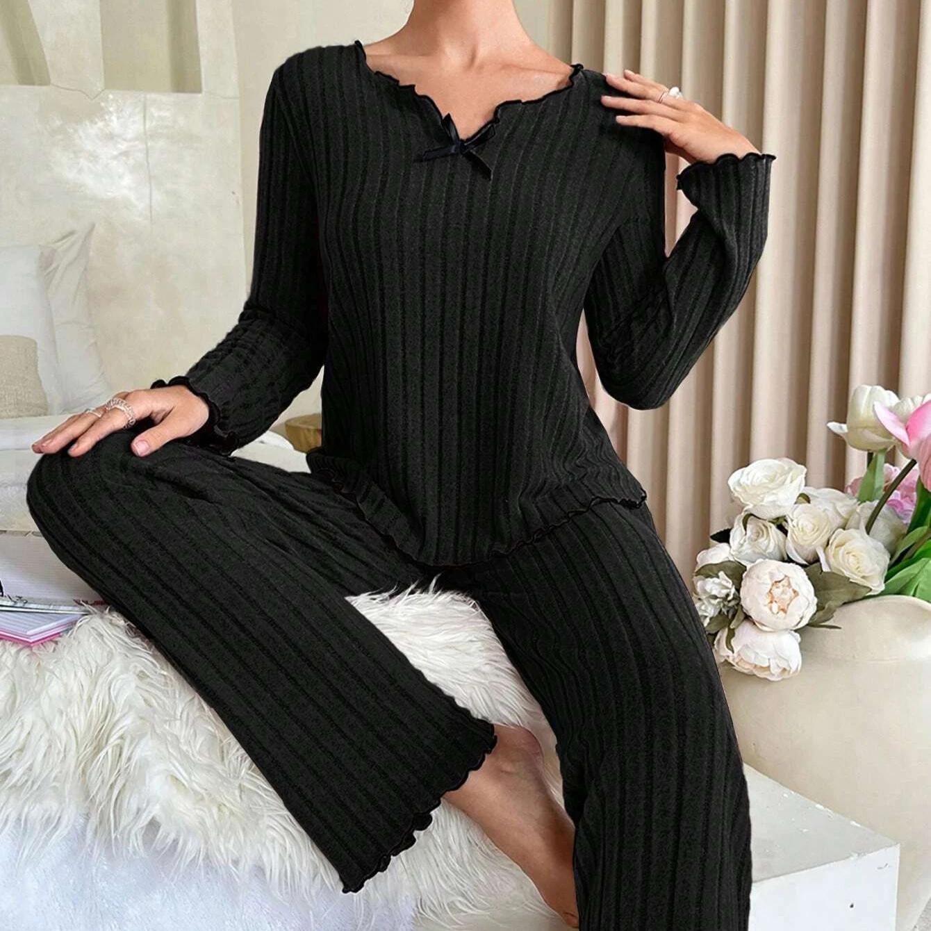 

2025 весна осень женская одежда для сна ребристый пижамный комплект с длинным рукавом однотонный топ и длинные брюки комплект из 2 предметов повседневная домашняя одежда одежда для отдыха XL