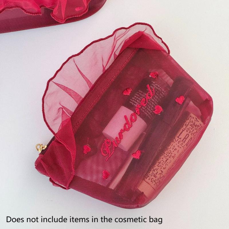 

1Pc Purified Red Mesh Makeup Bag With Ruffle Detail Love Embroidery Cute Portable Cosmetic Organizer For Girls Toiletry Pouch A2