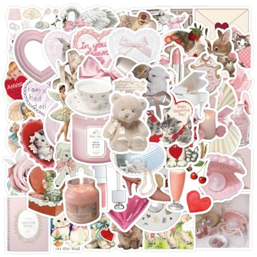 60pcs Coquette Stickers for laptops water bottles phones guitars; vinyl waterproof pink aesthetic stickers with cute design