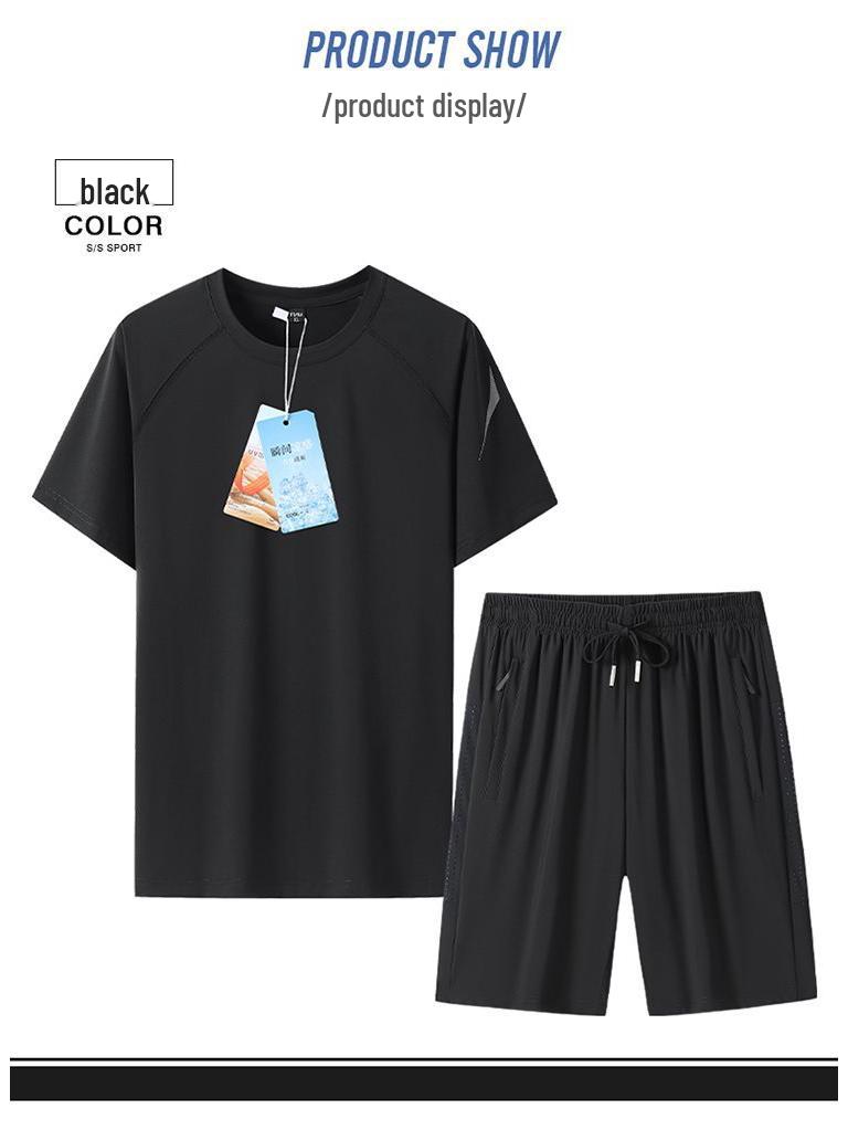 Men's Summer Ice Silk Sports Suit - Casual Two-piece Short Sleeve T-shirt & Shorts Set for All Ages.
