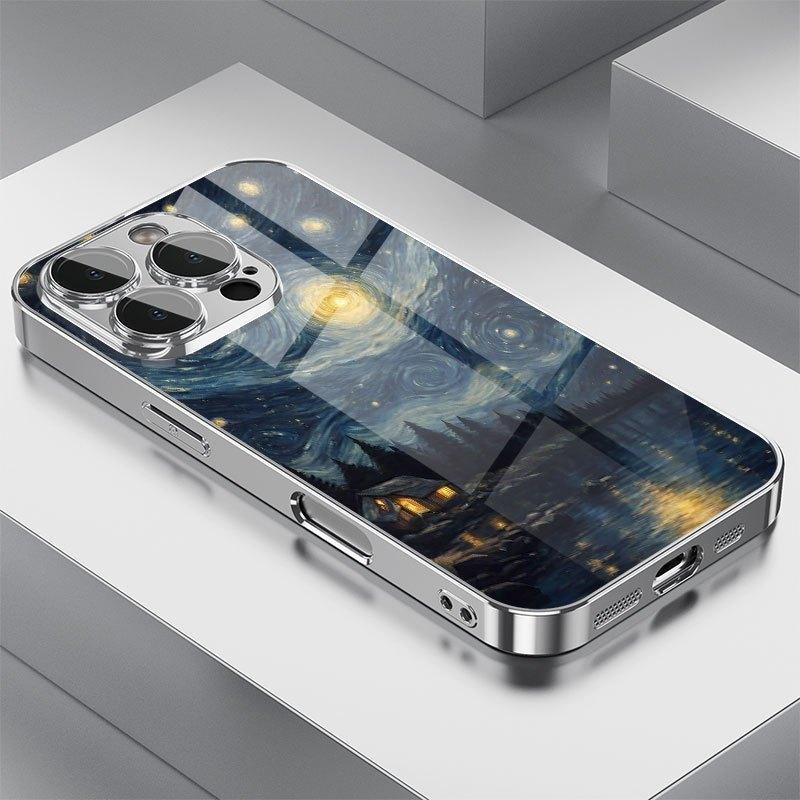 Starry Silver Plated Glass Phone Case Suitable for iPhone 17 16 15 14 13 12 11 Pro/Max/Plus Anti Drop and Anti Shock Back Cover