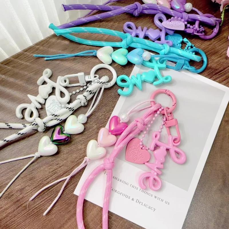 1 Piece   Heart-Shaped Bead Weaving Rope Mobil Phone Pendant Universal Lanyard Bag Key Keychain Accessories Gift