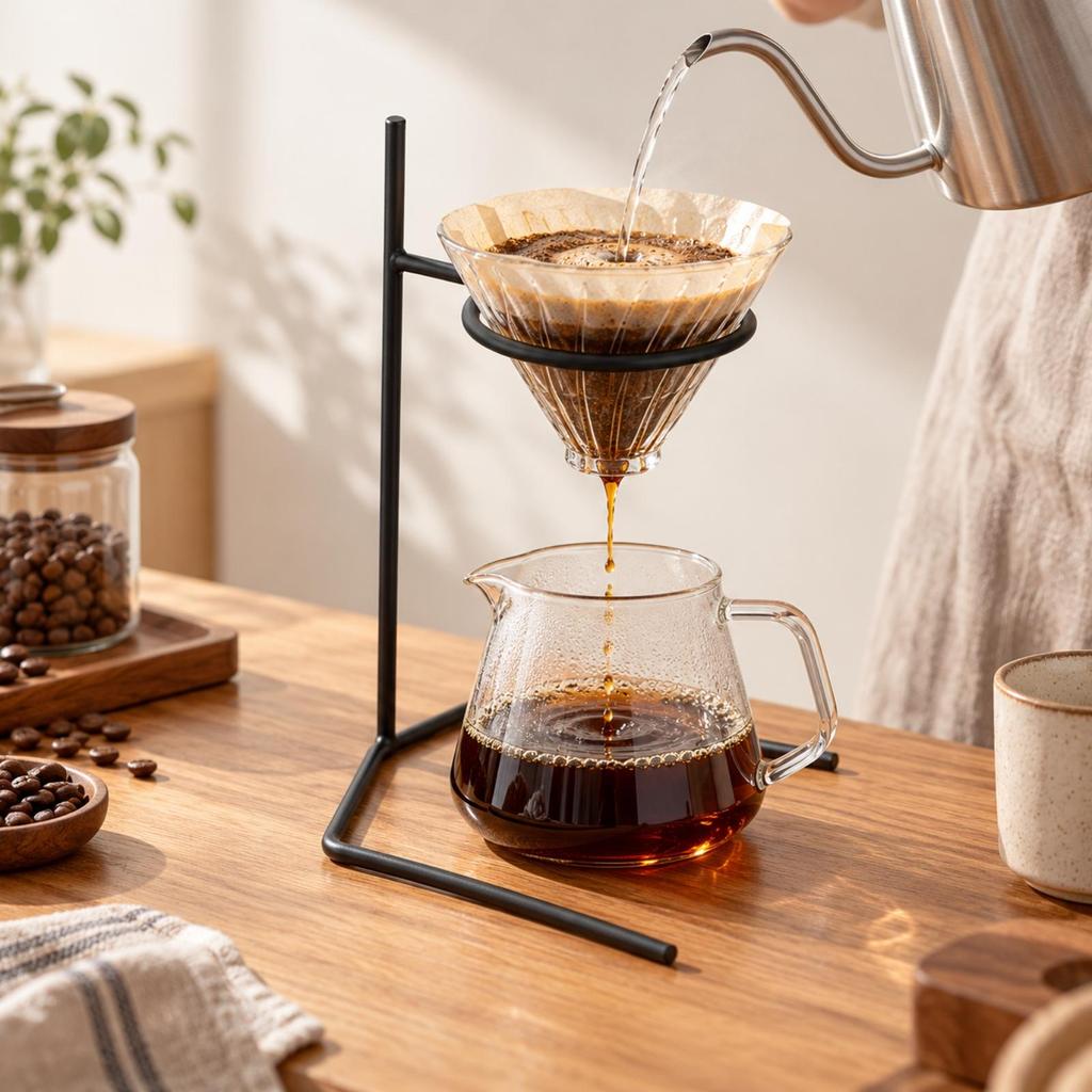 Adjustable Solid Wood Coffee Dripper Stand with Glass V60 and Server Set