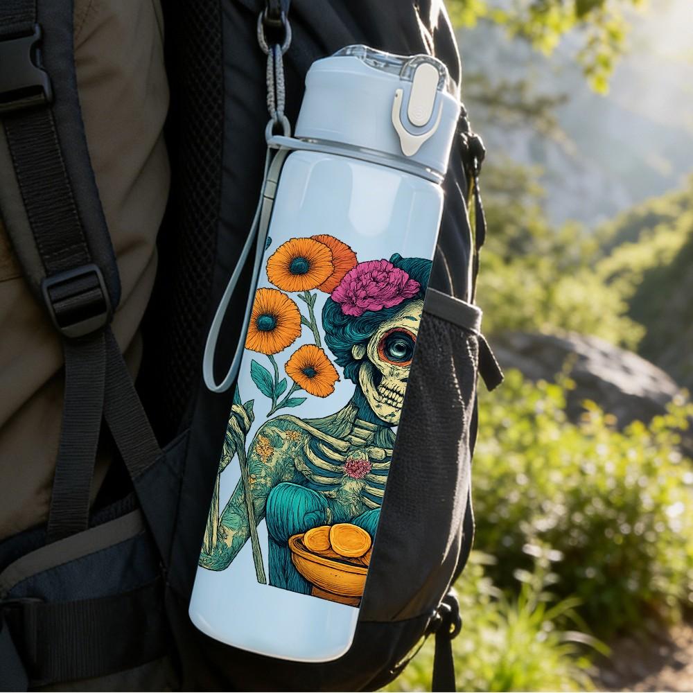 1PC Sugar Skull Colorful Art Print 750ml Color Plastic Sports Water Bottle Leakproof Flip Straw Lid Suitable for Sports Office Home Use