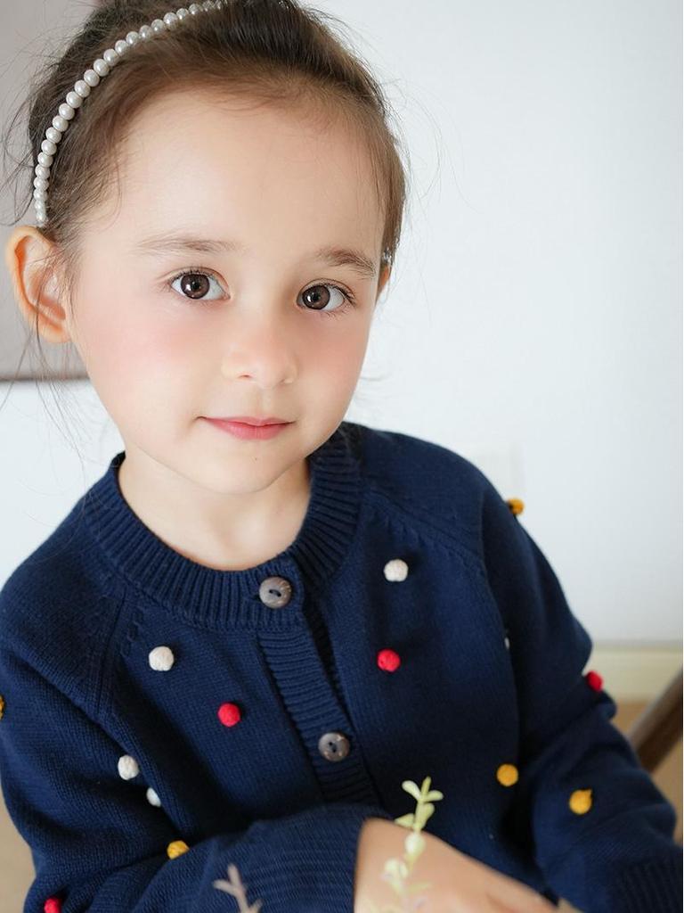 Hand-Crocheted Spring & Autumn Colorful Pom-Pom Girl's Cotton Cardigan