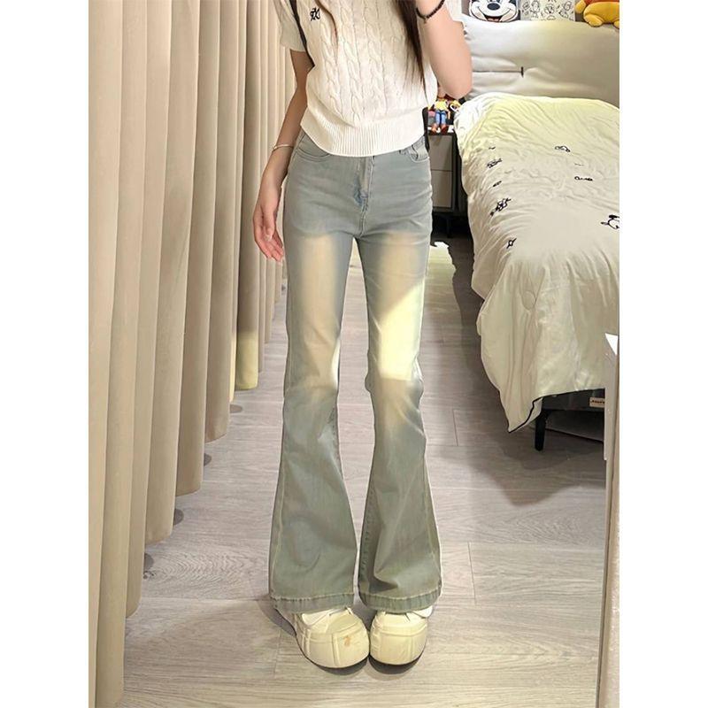 Women s High Waist Flared Jeans Stretchy Vintage Washed Denim Pants Y2K Retro XS