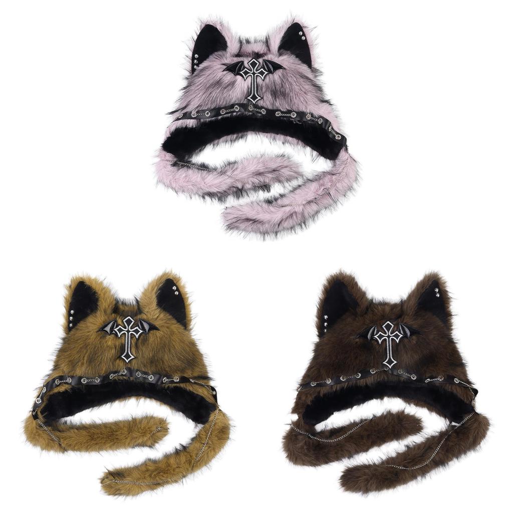 Plush Cat Ears Hat For Winter Warmth With Foldable Design For Punk Style Enthusiasts