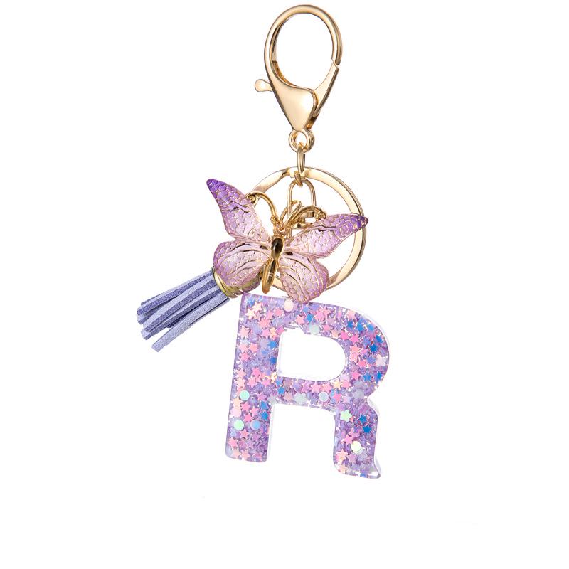 A-Z Resin Letter Keychain with Purple Butterfly Tassel Pendant for Women's Bags
