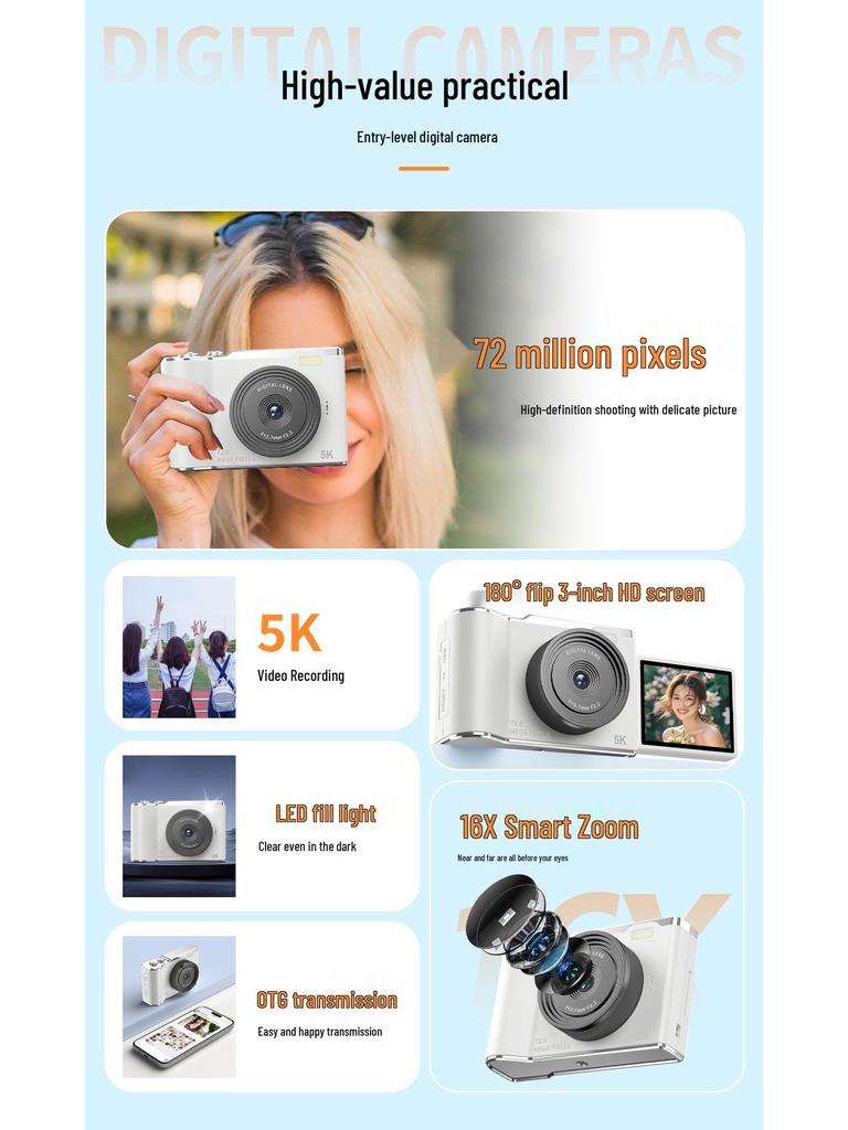 Retro 5K HD Flip Screen Mirrorless Camera for Outdoor Shots and Student Selfies