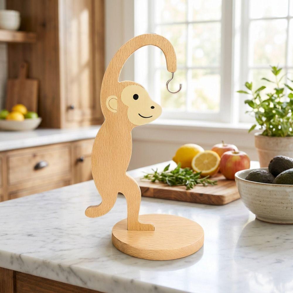 Wooden Material Wooden Banana Hanger Keep Bananas Fresh Stainless Steel Hook Monkey Shape Banana Holder Vertical Design