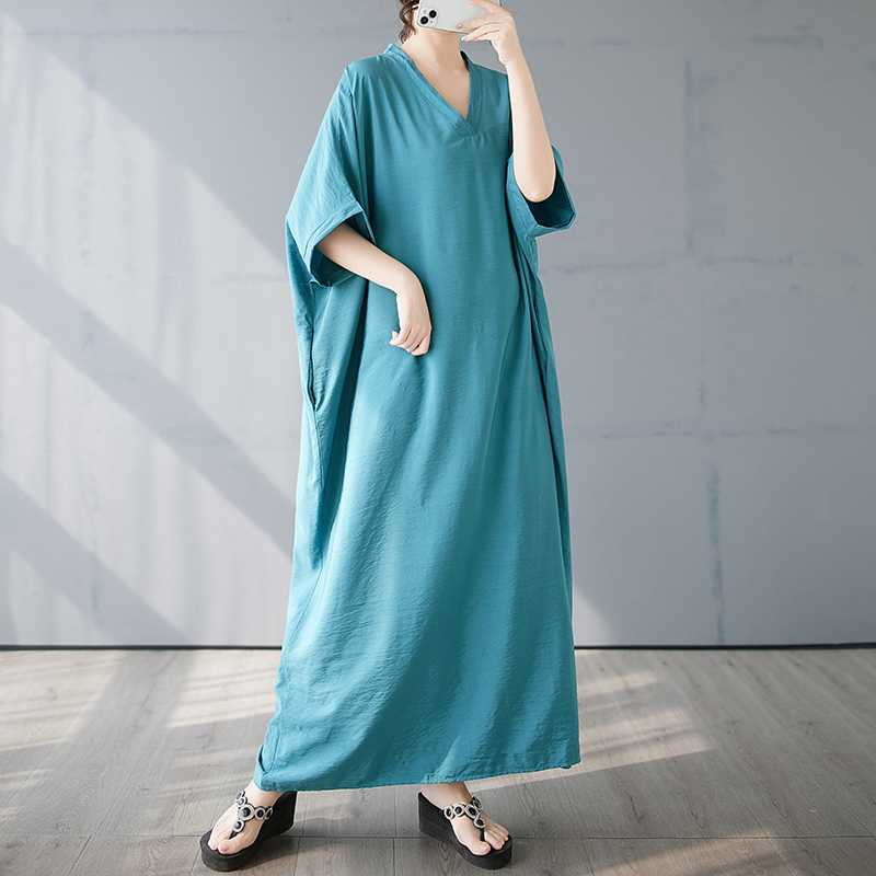 Summer Color V-neck Retro Long Skirt Cotton Linen Dress