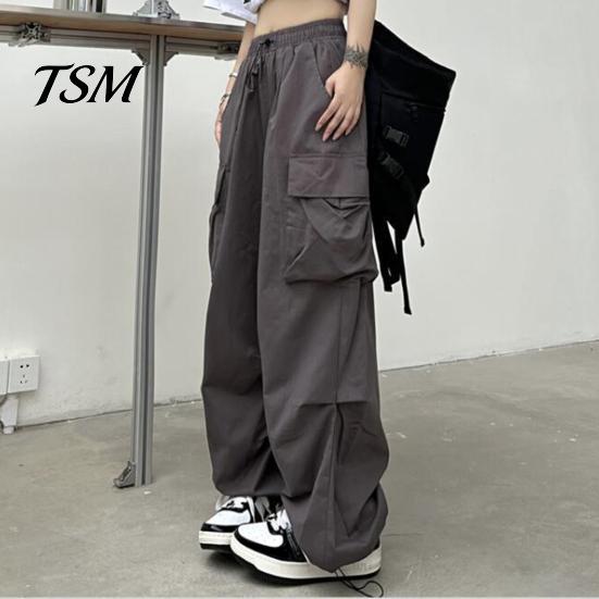 Trousers Women Cargo Pants Hip Hop Baggy Solid Color Multi Pockets Elastic Waist Match Top Loose Breathable Lady Clothes