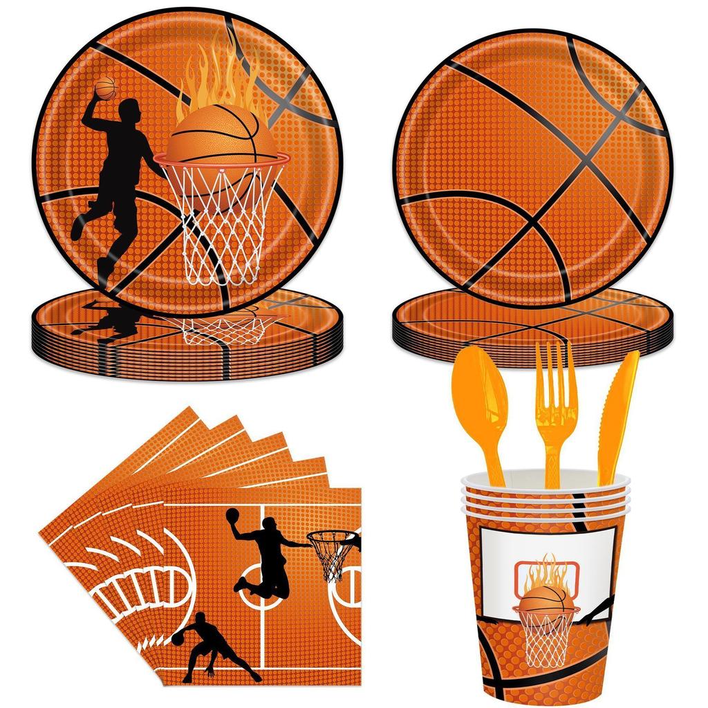 Basketball-themed Birthday Party Tableware Set: Paper Cups, Paper Plates, Tissues, Knives, Forks, Spoons, Party Decorations