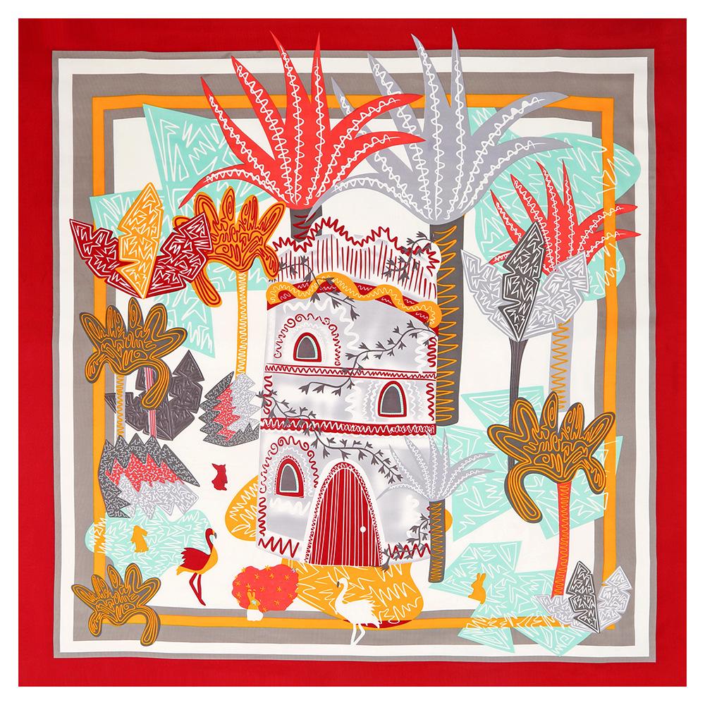 Luxury Brand 100% Twill Silk Scarf Hand Drawing Plants Square Scarf New Design Print Kerchief Woman Neck Shawl Wraps Echarpe