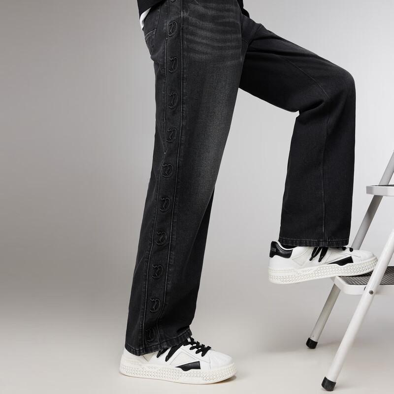 CABBEEN Men's Black Bull D9 Logo Loose Straight Denim Pants