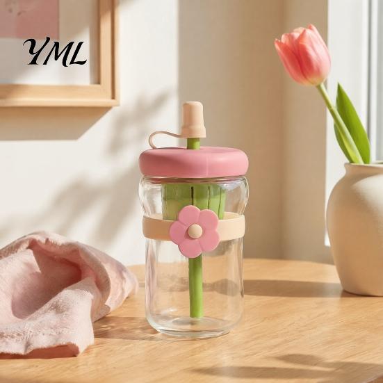 Glass Water Bottle for Scented Tea Straw Cup, with Detachable Filter, Macaron Color Flower Infuser Green Lovers Decor, Portable Heat Resistant Travel