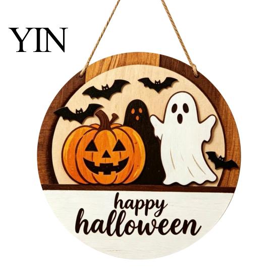 Halloween Door Sign Layered Round Hanger, 3D Pumpkin Ghost Owl Wood Welcome Sign, Handmade Farmhouse Front Wall Hanging Decor for Home Store