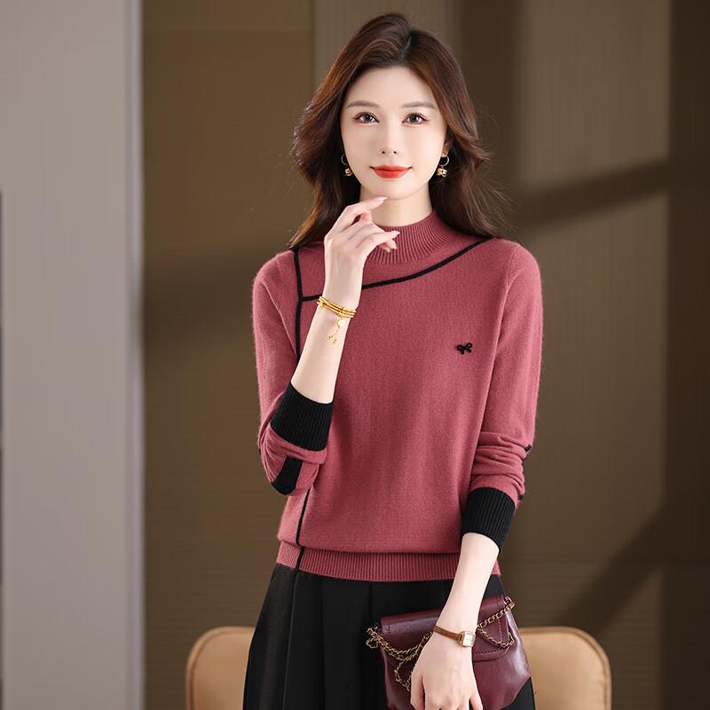 Women's Loose Fit Mock Neck Contrast Knit Pullover Sweater