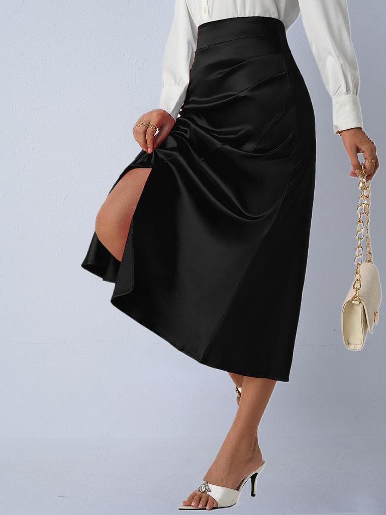European & American Women's Satin Midi Skirt - Autumn Pleated, Slit Fishtail, Hip-Hugging Design with Zipper