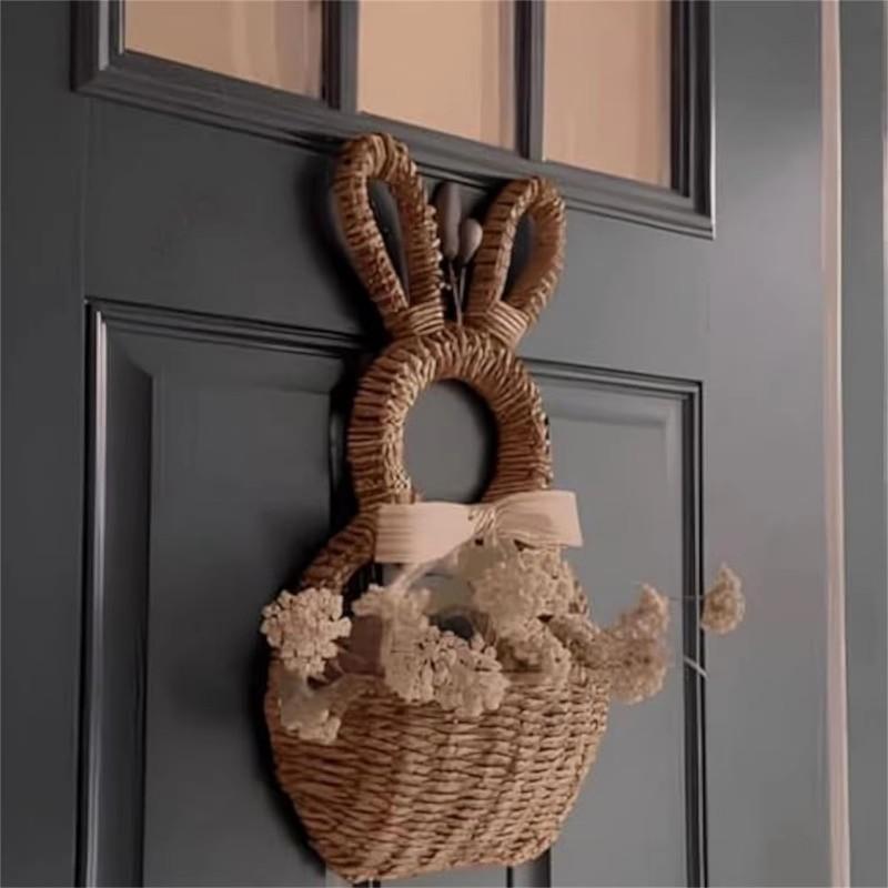 Easter Bunny Wall Hanging Woven Basket, Handmade Bunny Woven Plant Hanging Basket, Outdoor Bunny Wall Decorative Flower Basket