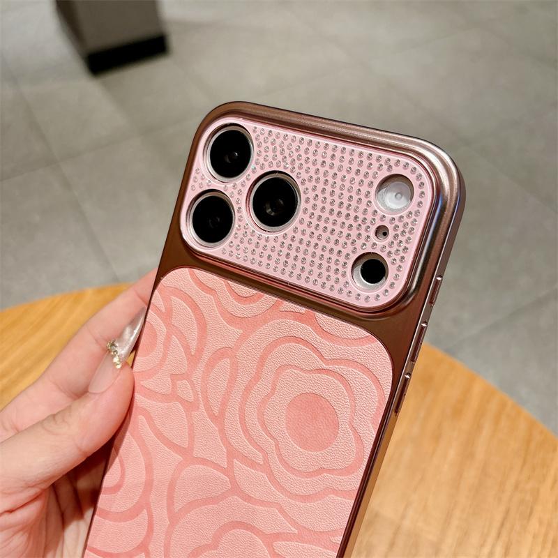 Diamond Camera Lens Printing Flower TPU Leather Phone Case For iPhone 17 16 15 14 13 Pro Max Shockproof Proteciton Cover
