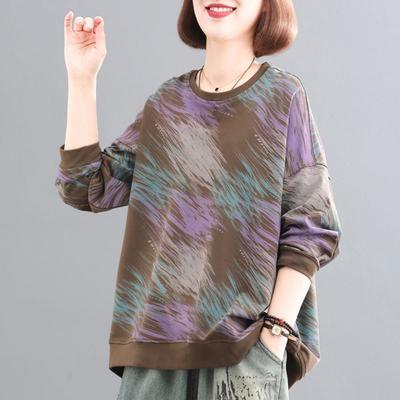 New Spring and Autumn Women's Spliced Printed Pullover Round Neck Sweatshirt Western Style Retro Casual Top