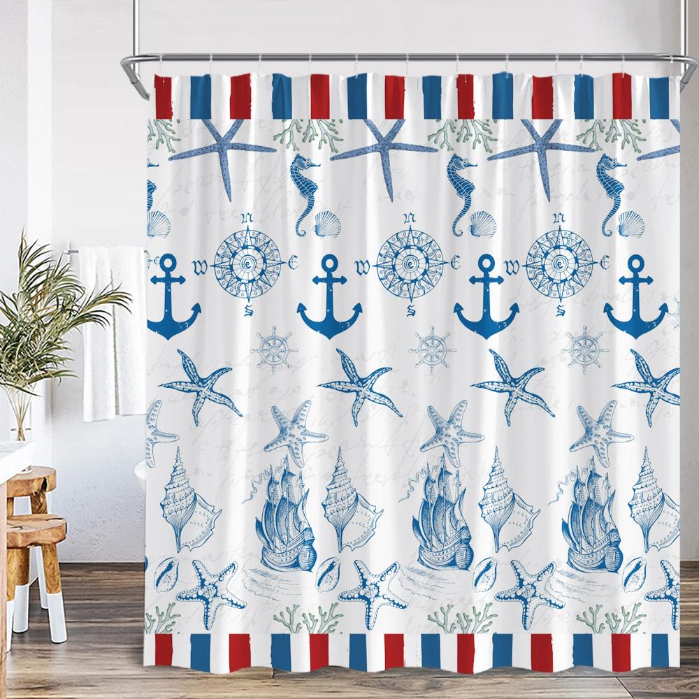 

Nautical Shower Curtain Adventure Map Marine Life Lighhouse Navy Blue Bath Decoration Kids Polyester Bathroom Curtain with Hook 90x180cm-35x70in
