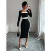 Women Color Block Patchwork Square Collar Long Sleeve High Waist Midi A Line Dress