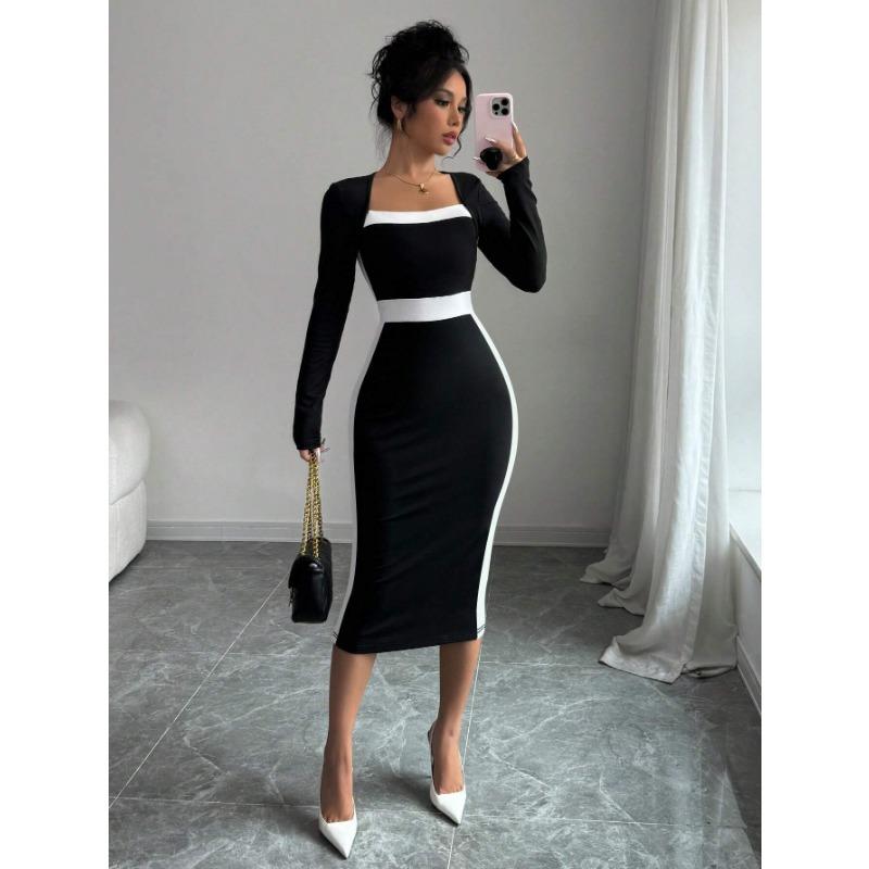 Women Color Block Patchwork Square Collar Long Sleeve High Waist Midi A Line Dress
