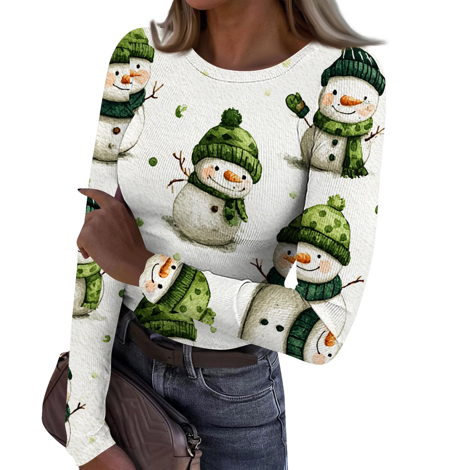 

Жіноча модна приталена футболка з круглим вирізом як базовий шар з різдвяним принтом, топ з довгим рукавом XL