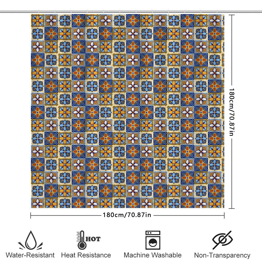 Blue Orange Flower Tile Shower Curtain Waterproof Bathroom Decor Print Home Decoration Customizable Size Available