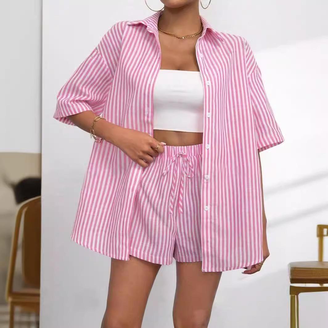 2026 new European and American cross-border hot-selling women s clothing fashion lapel striped short-sleeved shirt shorts casual two-piece suit S